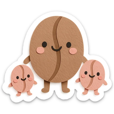 kawaii coffee bean character family, big bean and two small beans, soft pastel colors, full body sticker