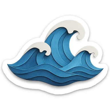 illustration of ocean waves made of layered blue paper with white foam accents in paper-craft style sticker