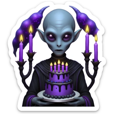 A tall mysterious alien holding a gothic black birthday cake with glowing purple candles, dark foggy alien planet, bioluminescent plants, dramatic shadows, dark fantasy sci-fi art, hyper detailed, moody lighting

 sticker