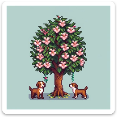 blooming tree with dogs playing around it sticker