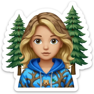 Girl with wavy brown hair blonde highlights with blue eyes, medium skin tone , real tree camo hoodie sticker