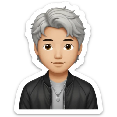 Handsome and cute Asian guy wavy hair, wearing silver necklace, dressed cool in black bomber jacket, demure but with a smirk  sticker