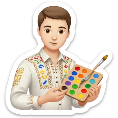 A guy in a white Ukrainian embroidered shirt holds musical notes and a paint palette in his hand sticker