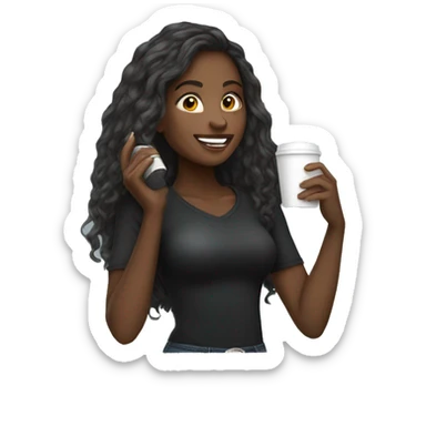 African American female with long hair talking on cellphone and holding a coffee wearing black shirt and jeans full length  sticker