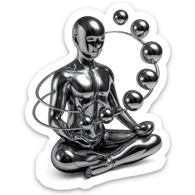 stylized chrome meditating figure with shiny spheres spiraling around, futuristic and smooth sticker