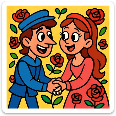 Romeo and Juliet holding hands, surrounded by cartoon roses, cheerful and cute, cartoon style sticker