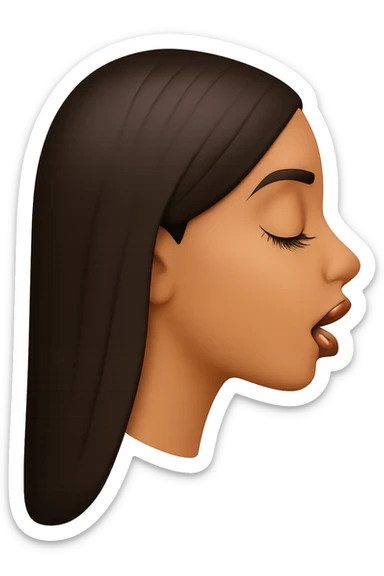 Create a side view (profile) of this woman's head in the normal iPhone emoji style, with closed eyes, long eyelashes, an open mouth, smooth shading, no outlines, long dark hair, and glossy lips with visible lip gloss. This is variant 2. sticker