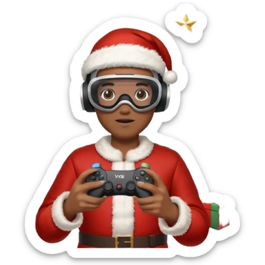 Homme photographe noir, week-end détente, équipé d’un appareil photo pro. Dans un décor Noël chaleureux, Père Noël à côté, sapin illuminé, lumières douces. L’homme porte un casque VR autour du cou ou sur la tête, et une manette PS 2025 dans la main libre. Ambiance festive, réaliste, couleurs nettes sticker