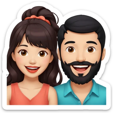 handsome asian man with black hair and beard, laughing together with cute tan skin woman with long wavy reddish brown hair with bangs and coral lipstick sticker