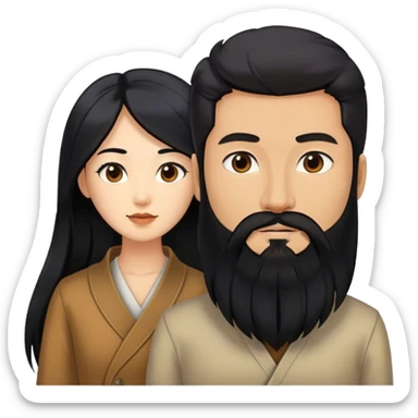 Asian woman with black long hair and European guy with black beard and masculine  sticker