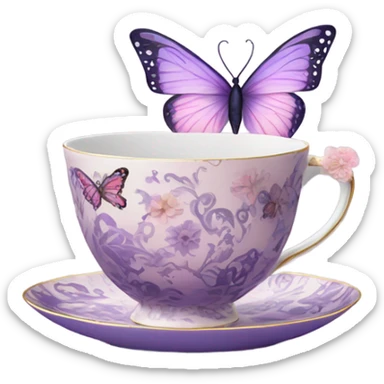 A delicate butterfly with pastel pink wings, resting on the edge of a purple porcelain teacup adorned with intricate violet floral patterns. sticker