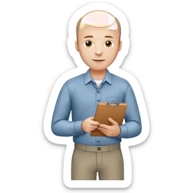 man mid 30's shirt and trousers balding hairline standing holding a clipboard sticker