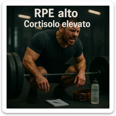Replace the floating icons above the head with clear and readable Italian text: 'RPE alto' and 'Cortisolo elevato', maintaining the cinematic style and original color palette of the image. sticker
