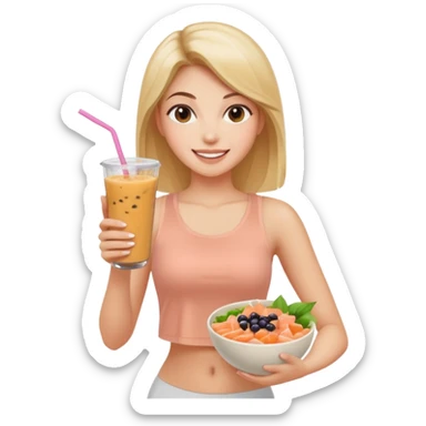 a young woman in a beige top and leggings and white sneakers with a passion fruit smoothie in one hand and a salmon poke bowl in the other hand sticker