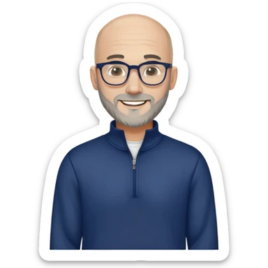 Caucasian man with skin fade haircut (bald on sides fading to short on top), short beard with gray streaks, large black eyeglasses, cheerful expression, navy blue long sleeve sweatshirt with quarter zip sticker