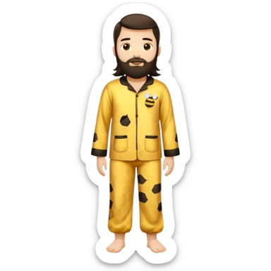 Grown up man with long dark brown long hair, white skin, medium beard, full body in cute bee pijama sticker
