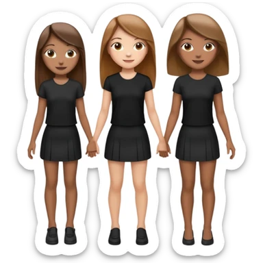 emoji of a girl with long, straight light brown hair, fair skin, soft brown eyes. Wearing a stylish black top and mini skirt. Full-height, standing confidently with shoulders back, head up, smiling proudly. Surrounded by 3 women next to her, holding hands. women are of diferent race sticker
