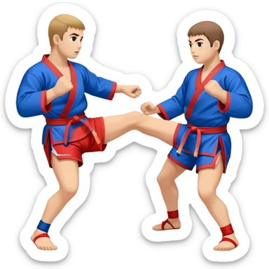 An icon symbolizing Sambo, featuring two fighters in blue and red kimonos with shorts and wrestling shoes. One executes a powerful throw, while the other attempts a defensive grab. The fighters are engaged in a grapple, using joint locks and sweeps.  sticker