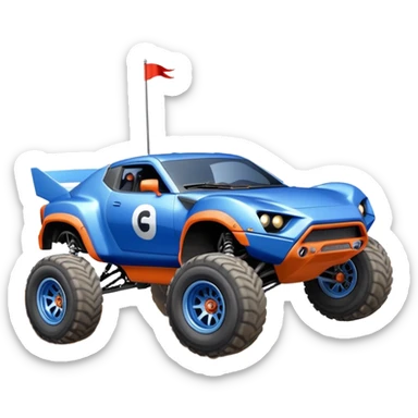 Satan’s evil night blue Dirty and dented Local Motors Rally Fighter off road race car hot rod meets Toyota 86 trophy truck-style basher flying on a dusty road (silver wheels) sticker