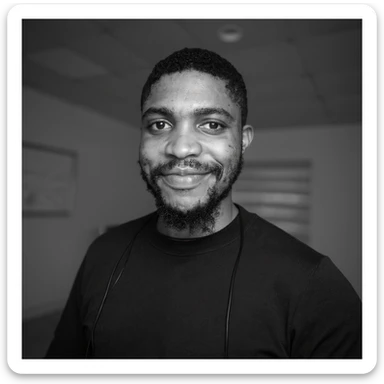 A professional portrait of me in monochrome. Plain black crew neck shirt. Tailored to LinkedIn. Tech boy vibe (programmer). I’m a black man from Nigeria. Retain facial features from attached image. Smooth skin. No accessories. sticker