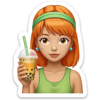 Create an emoji of a woman with orange hair, bangs, and a green headband, holding a cup of bubble tea. sticker