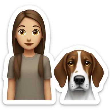 Girl with brown hair and a treeing walker coonhound who is black and white with little brown sticker