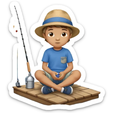 Little boy sitting on the dock fishing, felt texture, scrapbooking sticker