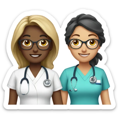 Two nurse best friends in scrubs but one is wearing glasses  sticker