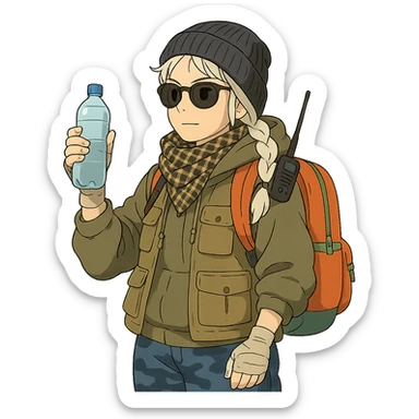 1 female, long white braid, knit cap, dark sunglasses, shemegh neckwrap, fishing vest, vibrant shool backpack, drab hoodie, handwraps, blue camo pants, handheld radio clipped to shoulder, unkempt, holding a bottle of water sticker