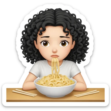 generate a pretty bratz fair skinned girl with curly black hair wearing a white tshirt sitting on a table with noodles. looking sleepy and tired sticker