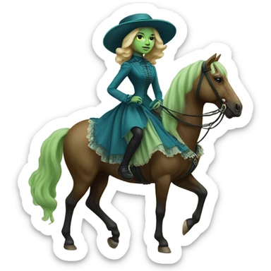 "galora green blonde alien woman" in blue Victorian dress elegant, full body, on brown horse sticker