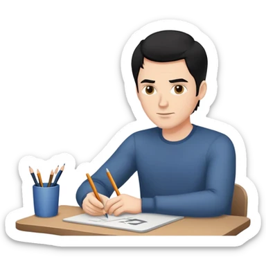 white man with black hair drawing at a table sticker