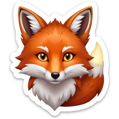 Cinematic Noble Fox Portrait Emoji, Poised and regal, with a lithe, agile build and a lush, fiery red Fur accented by white markings on the chest and tip of the tail, deep-set soulful amber eyes, Simplified yet sharp and sophisticated features, highly detailed, glowing with a warm, dignified glow, high shine, intelligent and cunning, stylized with an air of wild elegance, focused and attentive, soft glowing outline, capturing the essence of a watchful and confident forest wanderer, so majestic it feels as though it could dash out of the screen with effortless authority! sticker