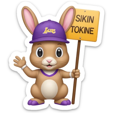 A tanish bunny with a Lakers hat and a sign that says "peewee" sticker