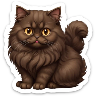 cinematic-[dark brown persian cat]-realistic-full-body-sitting-emoji,-tail-curled-playfully-around-its-paws,-head-tilted-dramatically,-fluffy-[dark brown]-fur,-simplified-yet-realistic-focused-features,-highly-detailed,-glowing-with-an-almost-sarcastic-glow sticker