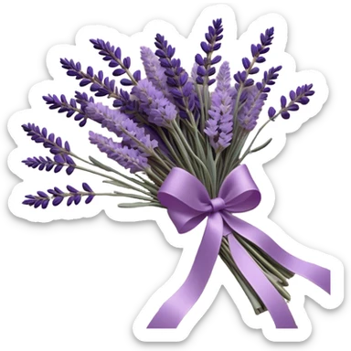 A delicate lavender bouquet, bound with a faded violet silk ribbon, rests atop an aged lace cloth, its soft petals releasing a gentle, calming fragrance. Wisps of dried lavender buds scatter across the table, their muted plum and lilac hues blending harmoniously with the intricate embroidery of the fabric.
 sticker