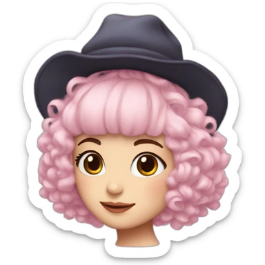 •	Pale pink hair 	•	Youthful facial features 	•	Fluffy hat with a rounded shape 	•	Dress with lots of frills sticker