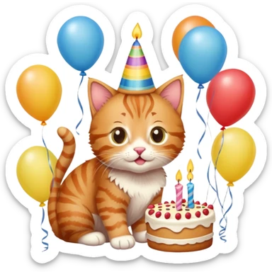 Ginger tabby kitten celebrates birthday, birthday hat, birthday cake, one candle, balloons, happy, gifts sticker