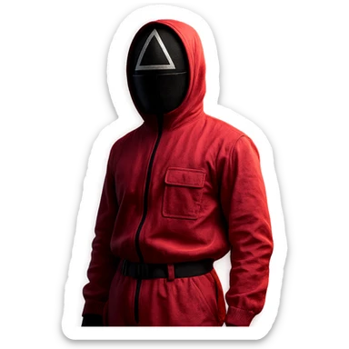 Squid Game series, masked guard in pink jumpsuit, minimal background, dramatic lighting sticker