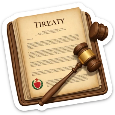 a gavel and a treaty document, symbolizing international agreements sticker
