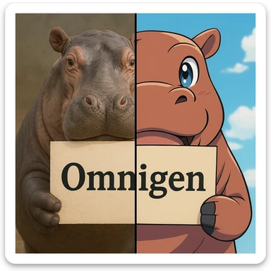 two hippo holding sign of omnigen, half picture 1 hippo is realistic another half is the anime of that same second hippo sticker