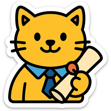 An icon of a smiling cat with a marketing tie, holding a diploma, symbolizing strategic marketing. sticker