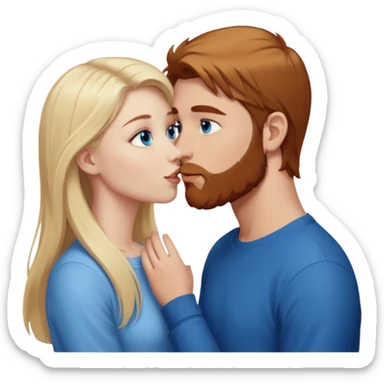 Long-pale-blonde hair, beautiful girl with blue eyes facing, kissing reddish-brown hair-beard boy blue eyed white guy sticker