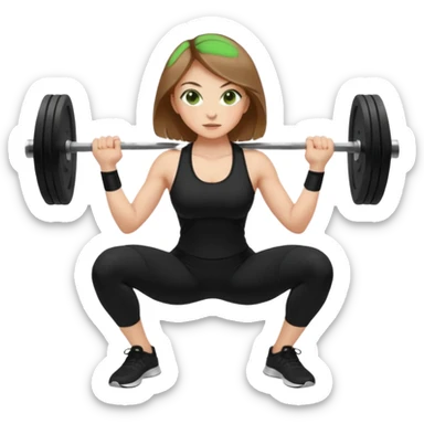 Beautiful woman with light brown shoulder length hair popping a squat without any weights. Make her with a little lighter, brown hair and green eyes. Make her fair skinned and wearing a black workout suit. sticker