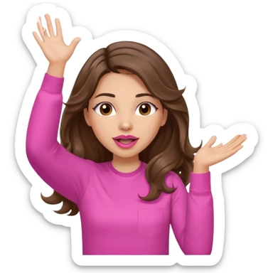 girl with long wavy brown hair, brown eyes, light to medium complexion, in a pink shirt, pink lips, long lashes, puckered lips, both hands all the way up in the air, cheering sticker