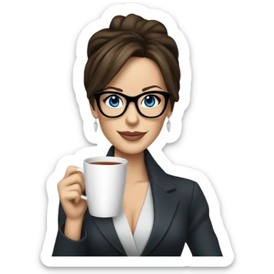 Hyper Realistic Kate Beckinsale blue eyes wearing glasses in a business dress drinking a cup of tea  sticker