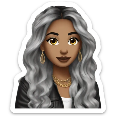 Glamorous, streetwear, black balayage hair, long wavy hair, olive skin, brown almond eyes, winged eyeliner with big lashes, wearing hooped earrings, rings and bracelets  sticker