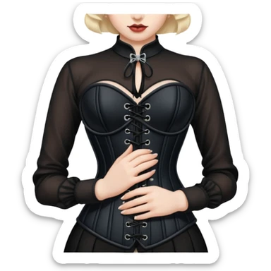 Close-up of hands tightening a black corset on pale body, slow deliberate tension sticker