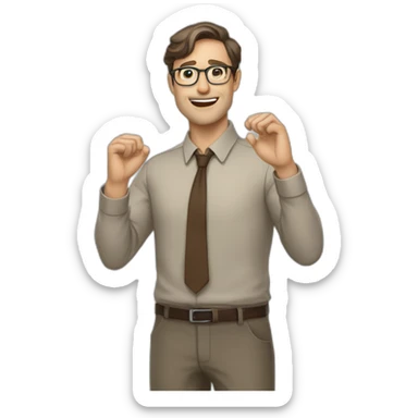 To belt Actively gesturing with hands Pale skinned fit man teacher with dark brown hair in gray jacket, beige office shirt, brown tie, brown pants and vintage glasses. sticker