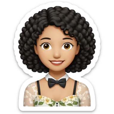 A young woman. She has voluminous, curly black hair that frames her face beautifully. Her skin tone is light Brown and glowing, and she has a subtle, natural makeup look. She’s smiling softly at the camera. She is wearing a white floral top with thin straps and a small bow tie detail in the front. sticker